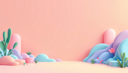 Pastel Landscape With Abstract Shapes and Small Plants