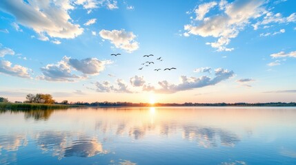 Obraz premium Sunset over calm lake with birds flying, peaceful landscape, nature scene, ideal for travel brochures