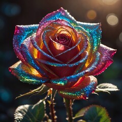 A radiant crystal rose shimmering in the sunlight, with rainbow reflections.