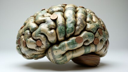 A brain sculpture made of crumpled bills and coins, symbolizing how wealth can shape thoughts. The coins represent neurons, and the folded bills form the brain's intricate structure.