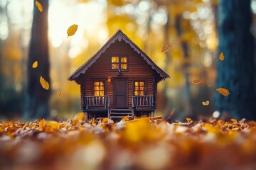 Cozy Wooden House Surrounded by Autumn Leaves and Warm Light