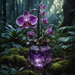 A sparkling amethyst crystal orchid in an enchanted forest.