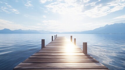 Obraz premium Wooden pier extending into a serene lake with mountains in the background under a clear sky