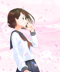 横顔の学生_①A案_女子、桜のはなびら、背景全部入り