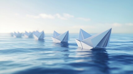 Obraz premium Paper boats sailing on calm ocean, teamwork concept