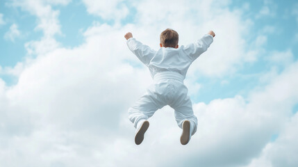Obraz premium Leap of Faith: A person in white clothing joyfully leaps against a vibrant blue sky dotted with fluffy clouds, symbolizing freedom, liberation, and limitless possibilities. 
