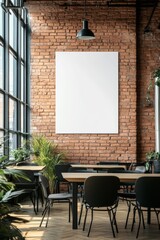 Blank canvas mockup in a modern cafe with brick wall, large window, and wooden tables.