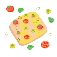 Traditional Mediterranean Italian cuisine of Liguria. Local focaccia with tomato and olives. Italy and tourism. Isolated vector illustration on white background. 
