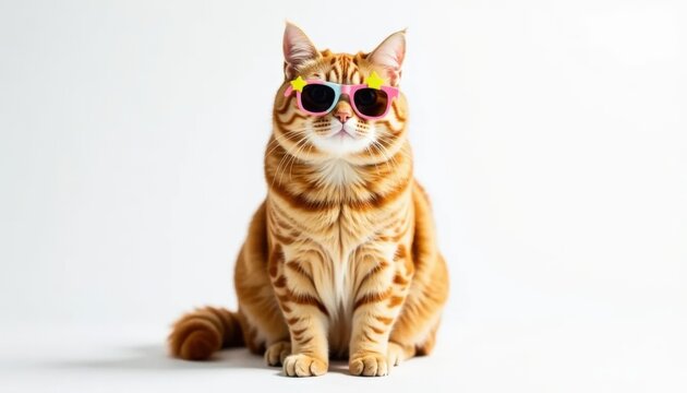 Ginger cat wearing colorful star-shaped sunglasses sitting upright against white background to emphasize whimsical and playful side