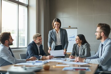Professionals in formal attire engaging in a meeting around a table in a bright office. A woman presenting a document, teamwork concept. Ai generative