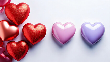 Fototapeta premium Decorative Shiny and Glittery Red Hearts Arranged on a White Background