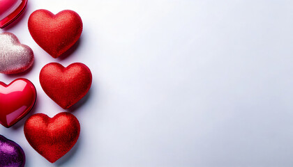Obraz premium Decorative Shiny and Glittery Red Hearts Arranged on a White Background