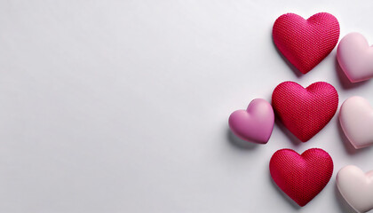 Fototapeta premium Decorative Shiny and Glittery Red Hearts Arranged on a White Background