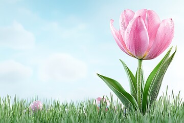 Fototapeta premium Easter day watercolor style tulip blooming in spring grass nature scene soft colors