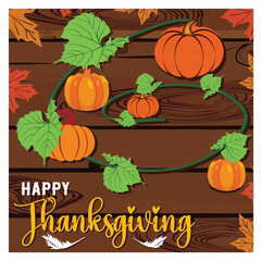 Happy Thanksgiving text with pumpkins and leaves over wood background.