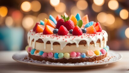 Delicious birthday cake decorated with fresh berries, colorful candies, and a white chocolate glaze, set against a bokeh background.