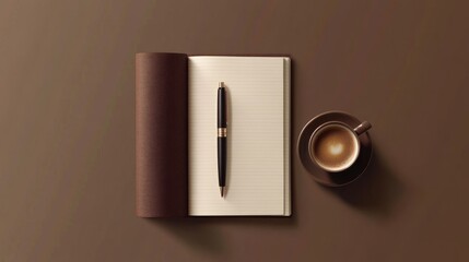 Flat lay of a stylish notebook, elegant pen, and a warm coffee cup on a neutral background, creating a calm and focused workspace.