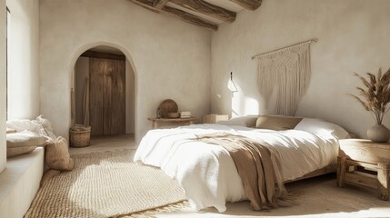 A Wabi-Sabi bedroom with soft white tones, macram wall decor, wooden bedside tables, and a woven rug in natural light.