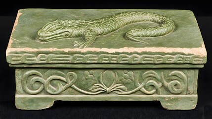 A carved jade box featuring a lizard design, showcasing intricate craftsmanship.