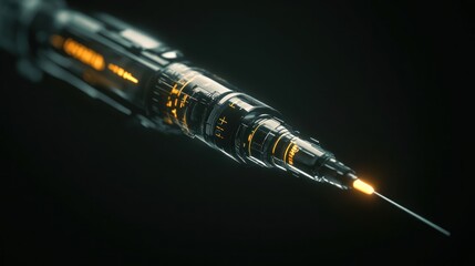 Futuristic syringe, medical injection, dark background, healthcare technology