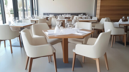 Restaurant Interior Design: A minimalist and modern dining room interior with clean lines and a warm ambiance. The space features plush white chairs around wooden tables set with pristine linens.