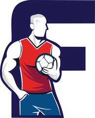 illustration of a person holding a ball , vector front  "F" letter , Sport front logo vector , basketball player silhouette