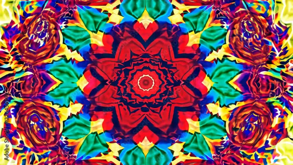 Poster a colorful design with a red center and blue and orange surrounding it. the design is made up of man