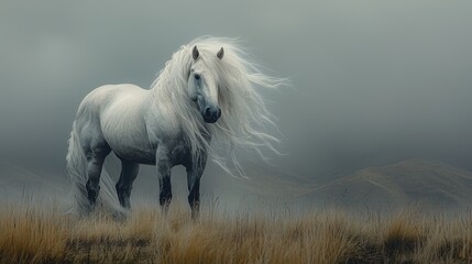 Majestic white horse in misty mountain pasture