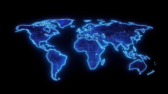 Hologram of the futuristic international global logistic system. A neon-lit, high-tech world map in glowing blue holographic with route lines around the world on dark background.