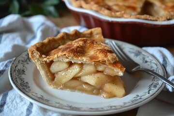 A slice of freshly baked apple pie served on a decorative plate with a fork, showcasing the warm filling and crust
