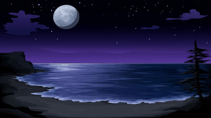 Moonlit night over serene ocean with rocky coastline