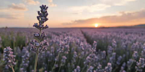 Fototapeta premium A close-up of a single lavender flower, transitioning to a panoramic view of a vast lavender field at sunset, ultra-HD
