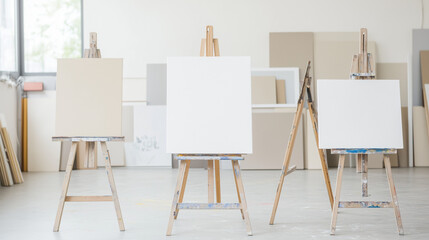 Artist's Studio Still Life: Three easels, each displaying a pristine blank canvas, stand ready for inspiration in a bright, airy artist's studio.