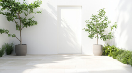 Serene Minimalist Courtyard: Two potted trees flank a minimalist doorway in a sun-drenched courtyard, creating a tranquil and modern scene.