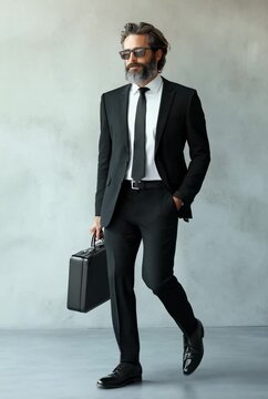 Elegant middle-aged Caucasian businessman walking with a suitcase, projecting confidence and professionalism.