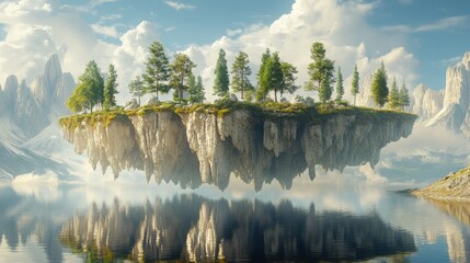 A surreal landscape with floating islands composed entirely of photographs depicting different natural environments