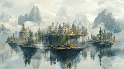 Naklejka premium A surreal landscape with floating islands composed entirely of photographs depicting different natural environments