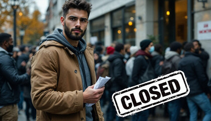 Young man holding paper with "CLOSED" stamp overlay in a crowded urban environment with people wearing masks