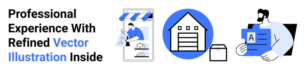 Market vendor preparing orders, warehouse building with box, and professional reviewing a document. Ideal for business, logistics, marketing, entrepreneurship, retail, services flat landing page