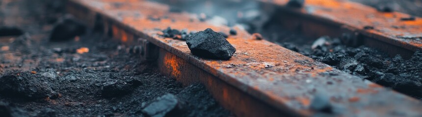 Railway tracks stretch into the distance, bordered by piles of black coal. An open field without trees or buildings enhances the view, revealing the simplicity of the landscape.