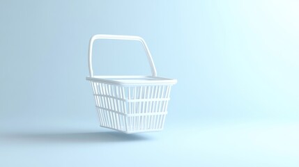 Floating white shopping basket, light blue background, online shopping concept