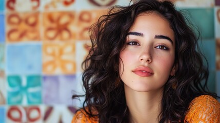 close up woman face portrait with calm and optimistic vibes, pretty young teenage Indian woman with painted wall 