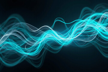 Fototapeta premium Abstract digital art featuring flowing, wavy lines in turquoise and blue against a black background, resembling glowing, fluid currents.