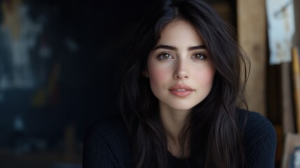 Fototapeta premium close up woman face portrait with calm and optimistic vibes, young pretty black hair woman 