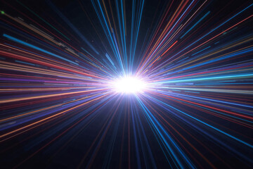 Obraz premium A vibrant, abstract digital artwork featuring bright, intersecting light beams in blue, red, and white against a dark background.
