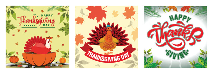 Turkey Bird on Pumpkin. Cute Thanksgiving turkey. Happy Thanksgiving Greeting Card.