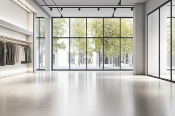 Obraz premium Spacious empty office with large windows, natural light, and minimalist style