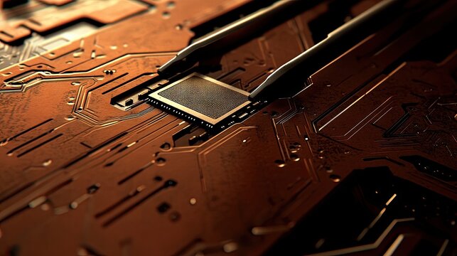 Close-up of tweezers holding a chip over a detailed circuit board with fine soldered connections.