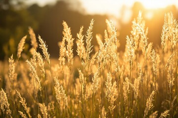 Fototapeta premium Close-up of golden grasses glowing under sunlight in a serene field. A tranquil nature scene with soft focus and a warm, light-filled background. Ai generative