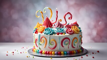 Deliciously decorated birthday cake with colorful frosting, candy swirls, and a lit candle.